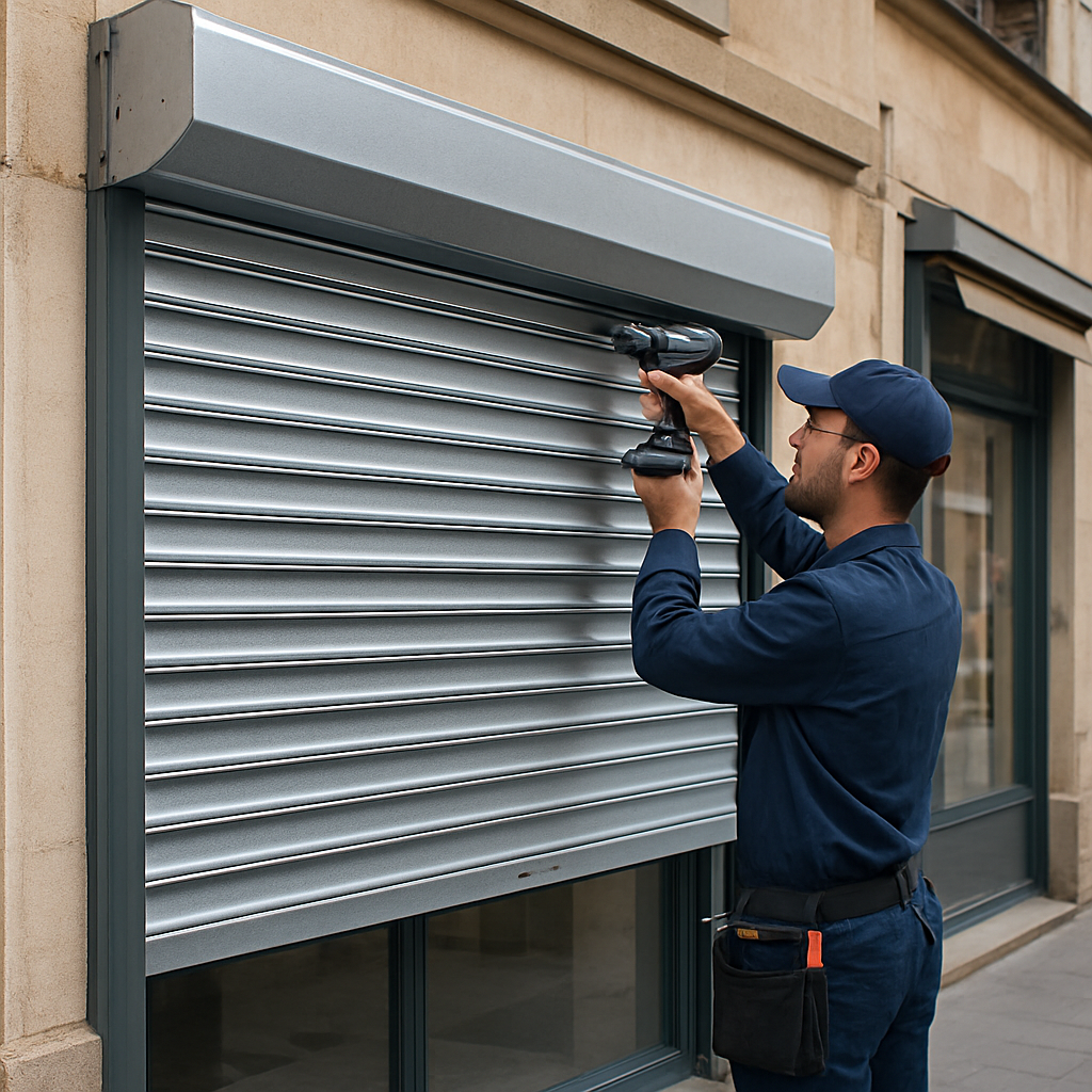 Installation d'un rideau métallique neuf sur la devanture d'un commerce des Yvelines