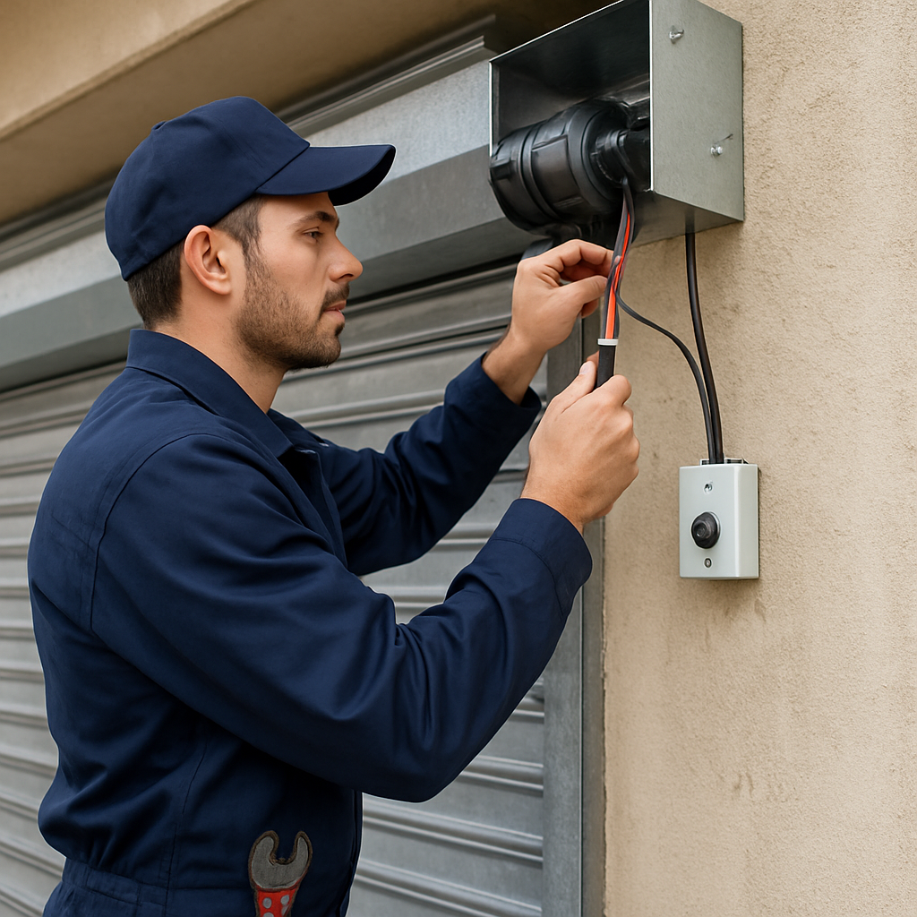 Technicien installant un moteur de rideau métallique