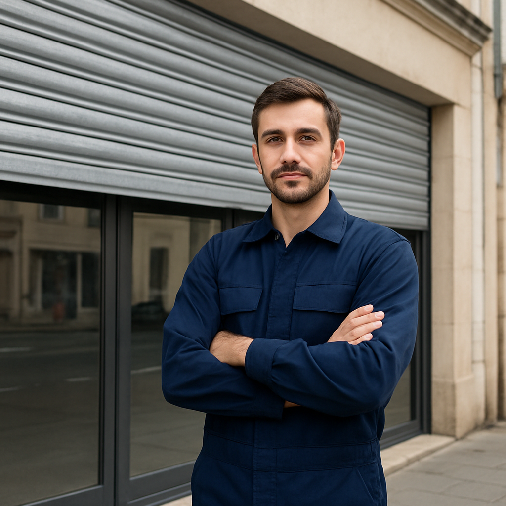 Technicien Rideau Expert 78 devant la devanture d'un commerce des Yvelines équipée d'un rideau métallique